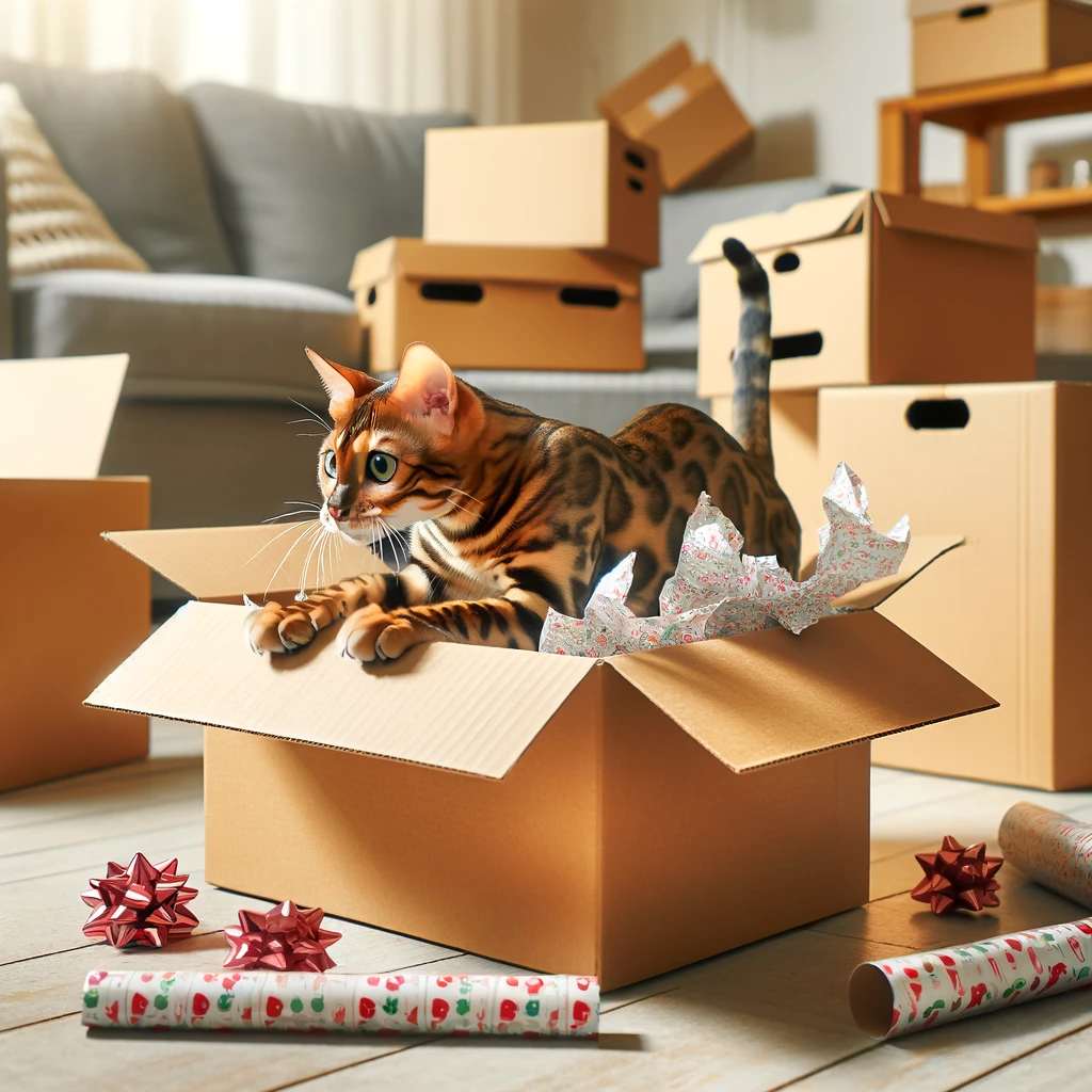 scene with a Bengal cat exploring and pouncing inside a cardboard box filled with wrapping paper listed as one of the best DIY toy for Bengal Cats