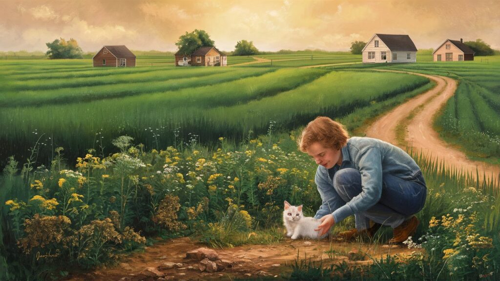 1980s Louisiana farm scene depicting a cat breeder discovering Blackberry, the first known short-legged Munchkin cat, among a litter, marking the origin of the Munchkin cat breed