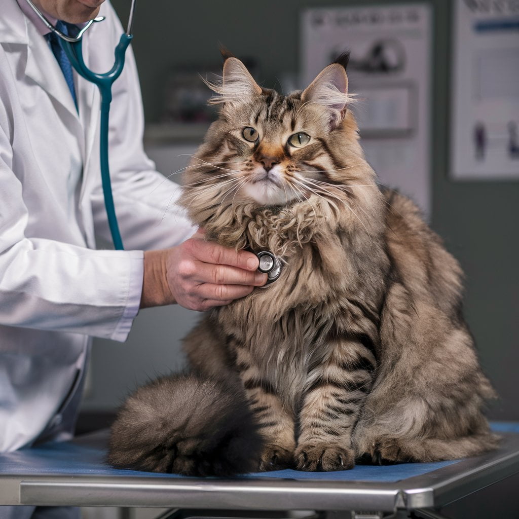 A majestic Maine Coon cat sits regally on a vet examination table. The vet, dressed in a white coat, gently uses a stethoscope to listen to the cat’s heart, showcasing the importance of vet checkups.