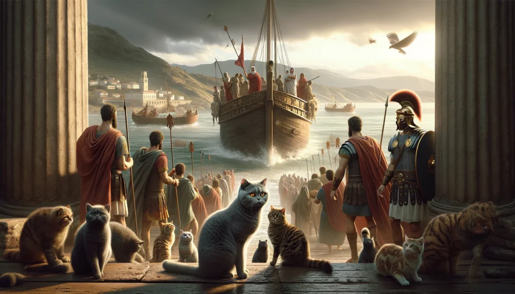 A scene depicting the origins of British Shorthair cats with a focus on ancient Roman soldiers arriving in Britain.