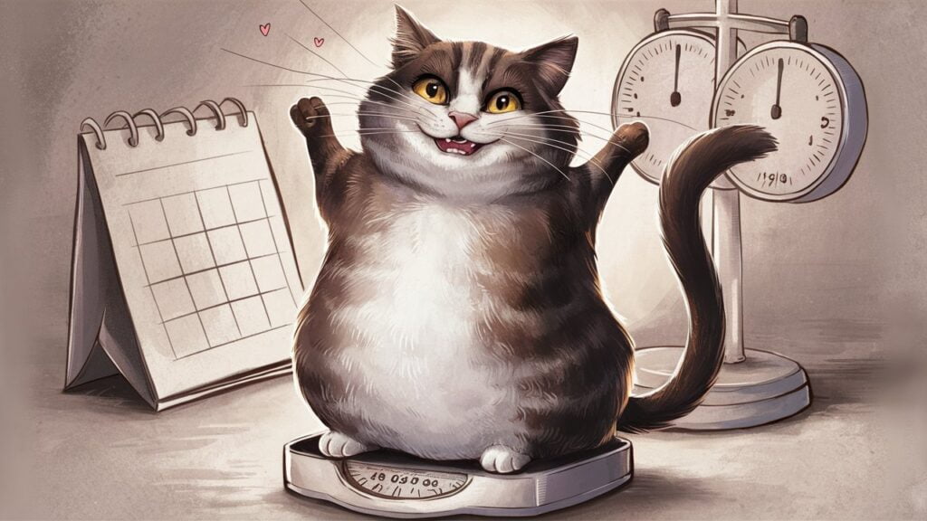 Illustration of a cat on a weight scale, highlighting the importance of regular weigh-ins for cats.