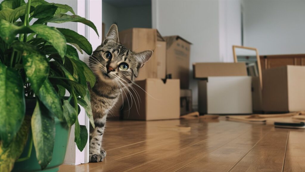 Image depicting a cat peering behind a potted plant, observing changes in its environment that may induce stress.