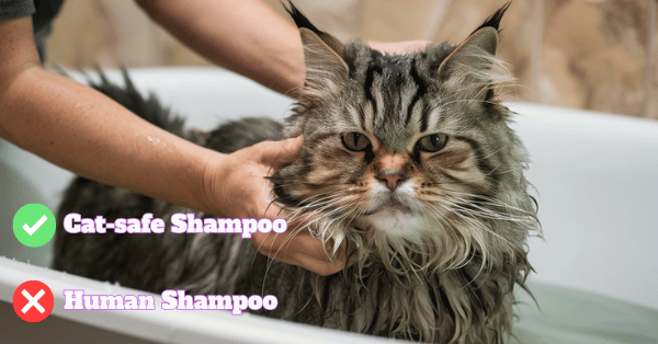 Image showing Owner bathing a Maine Coon using cat-safe shampoo, demonstrating proper Maine Coon Grooming while avoiding harmful human shampoo products