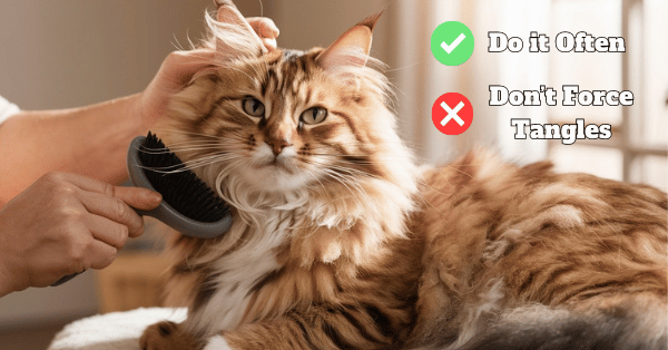 Owner brushing a Maine Coon, demonstrating the importance of frequent brushing to prevent tangles, and gently working through knots without forcing, highlighting proper Maine Coon Grooming.