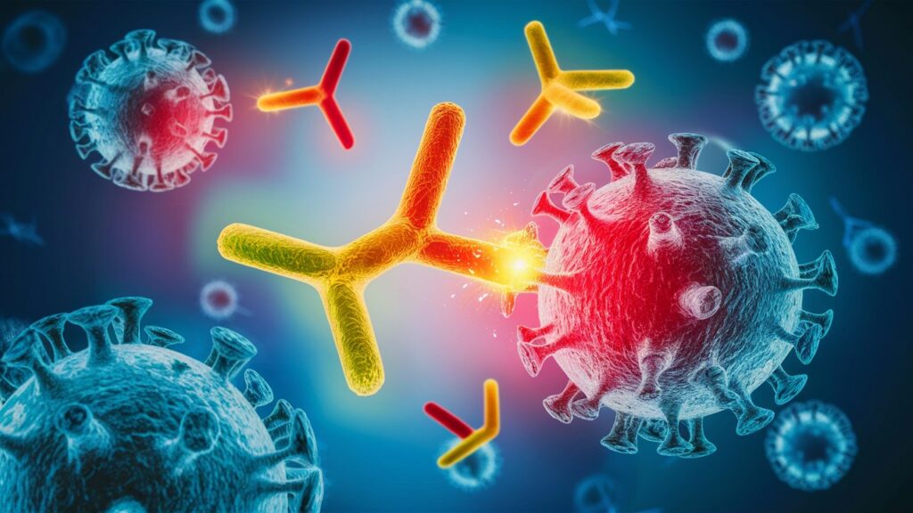 Antibodies fighting feline distemper virus in a cellular environment, showcasing Y-shaped antibodies attacking and neutralizing spiky virus particles.