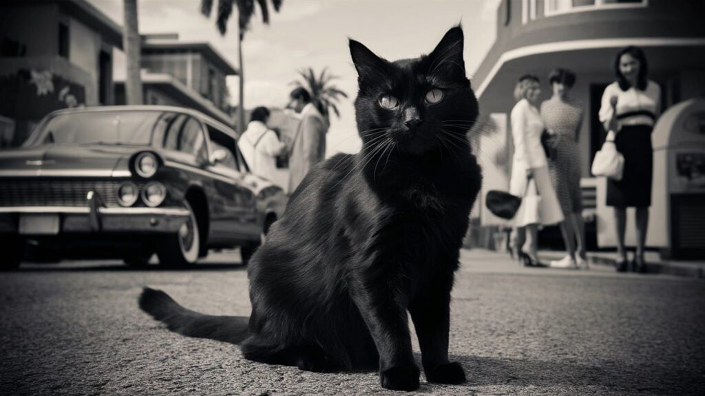 Vintage color photo of Blackie, a black Ragdoll cat, in a 1960s