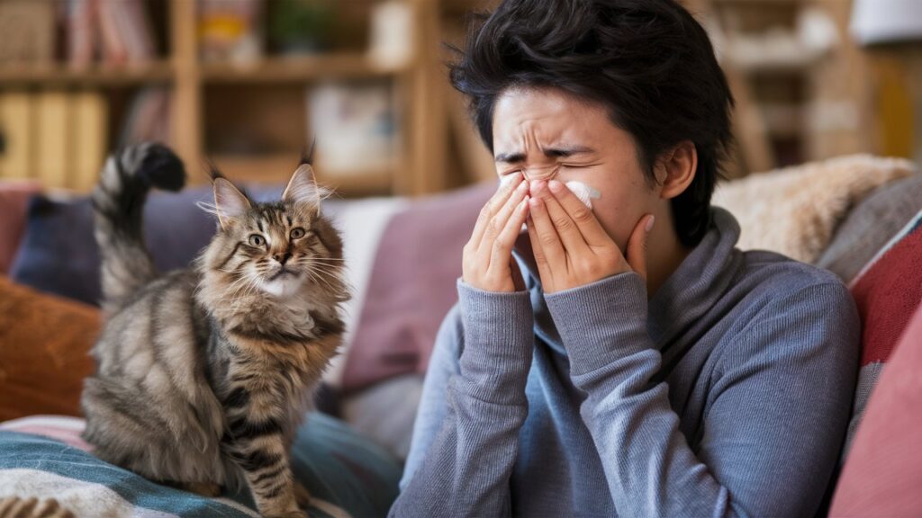 Image of a Maine Coon cat sitting next to its owner, who is sneezing and holding a tissue to their nose, illustrating common allergic reactions to cats.