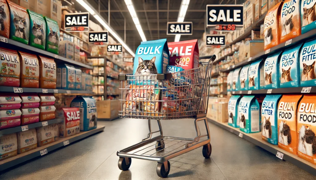 Image of a shopping cart loaded with bulk cat food and litter in a pet store, illustrating cost-saving strategies for Munchkin cat owners.