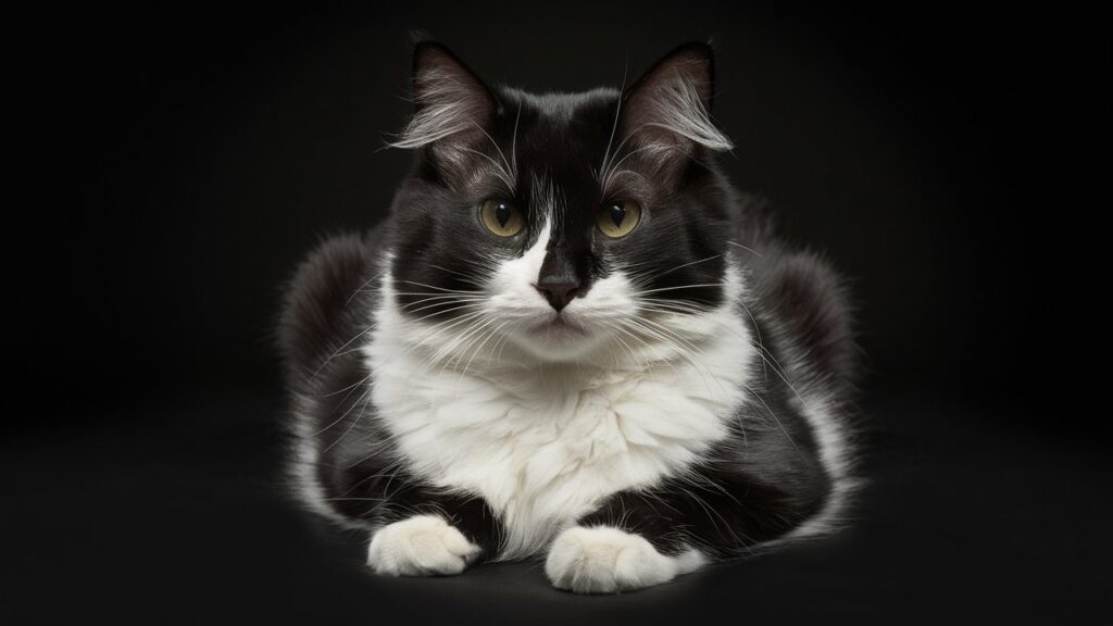 Portrait of a Tuxedo Black and White Ragdoll cat featuring its triangular head, widely spaced ears, and large paws.