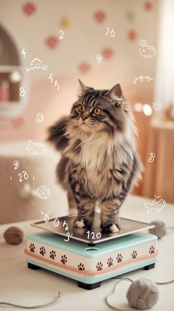 A fluffy cat stands on a whimsical scale. The scene humorously represents a cat weight calculator page