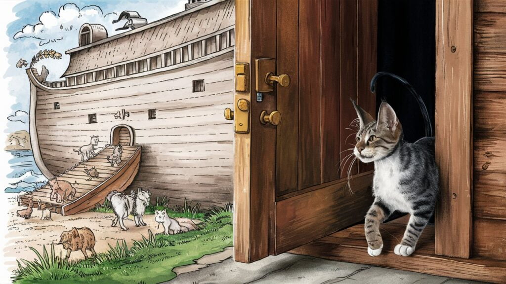 Illustration of a tailless Manx cat outside Noah’s Ark, depicting the folklore of how the Manx cat lost its tail