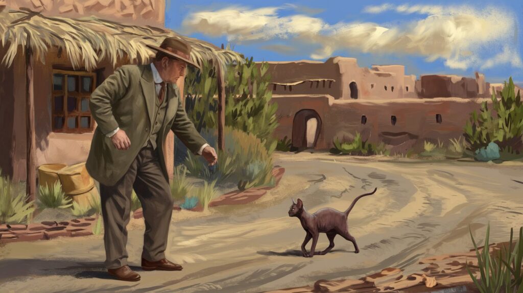 A digital painting of E.J. Shinick in the early 1900s as he first encounters the Mexican Hairless Cat among Native American Pueblo tribes