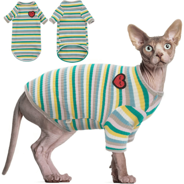 DENTRUN Hairless Cats Shirt Breathable Cat Daily Wear Clothes Stripe Vest Green Image