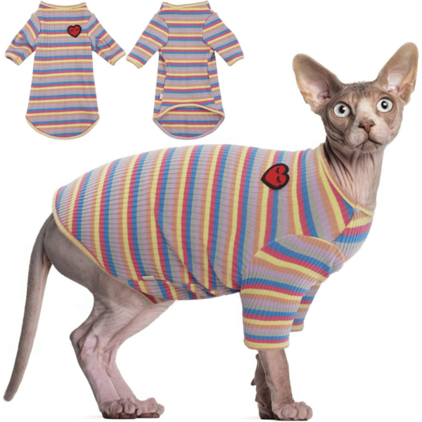 DENTRUN Hairless Cats Shirt Breathable Cat Daily Wear Clothes Stripe Vest Purple Image