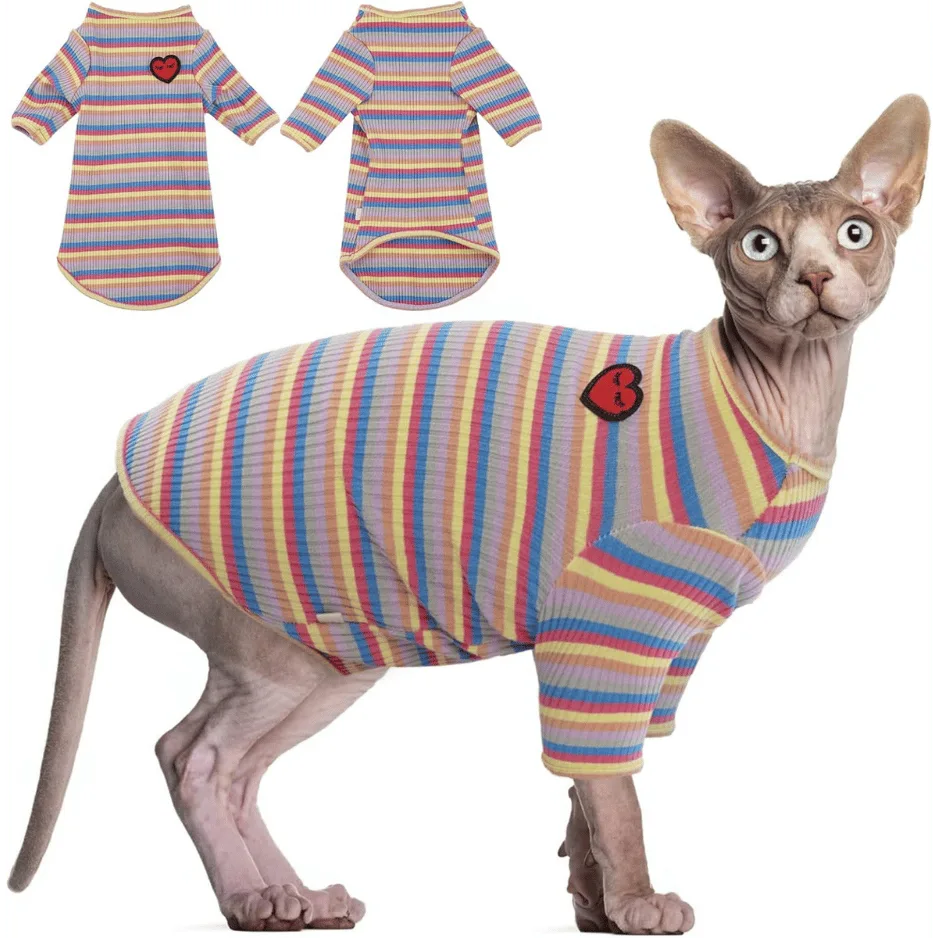 DENTRUN Hairless Cats Shirt Breathable Cat Daily Wear Clothes Stripe Vest Purple Image