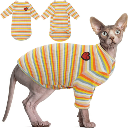 DENTRUN Hairless Cats Shirt Breathable Cat Daily Wear Clothes Stripe Vest Yellow Image