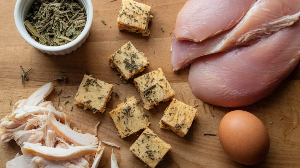 An image depicts freshly baked homemade cat treats made with shredded chicken and catnip, laid out on a wooden table.