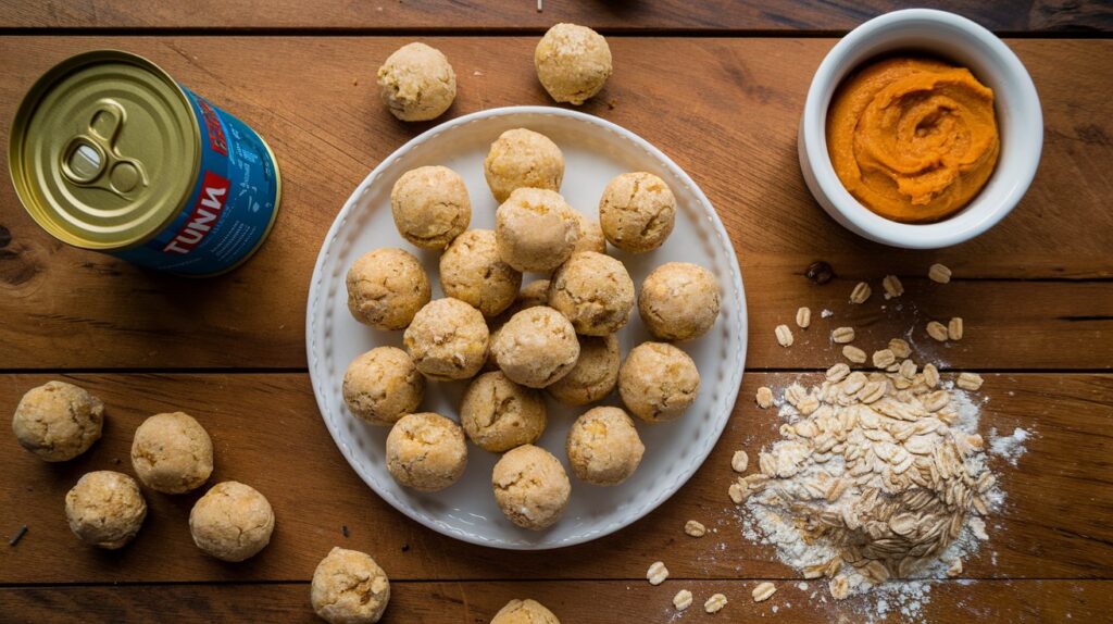 The image shows freshly baked homemade cat treats made from tuna and pumpkin, placed on a wooden table.