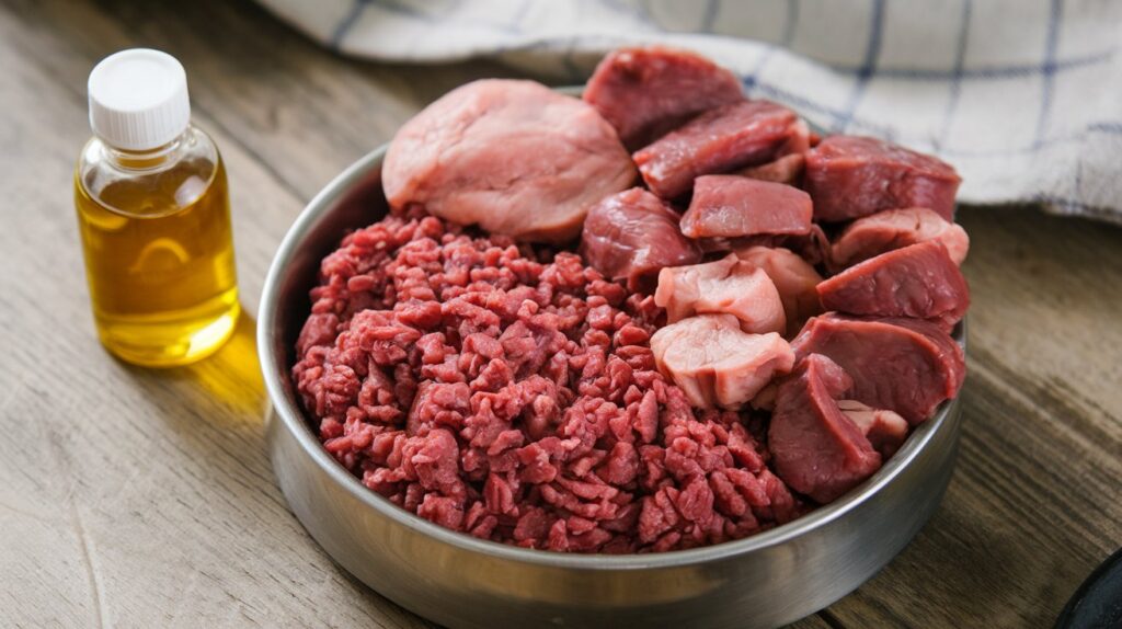 The image depicts a bowl filled with raw cat food made from ground beef, beef heart, and beef kidney, with the ingredients neatly arranged around it.