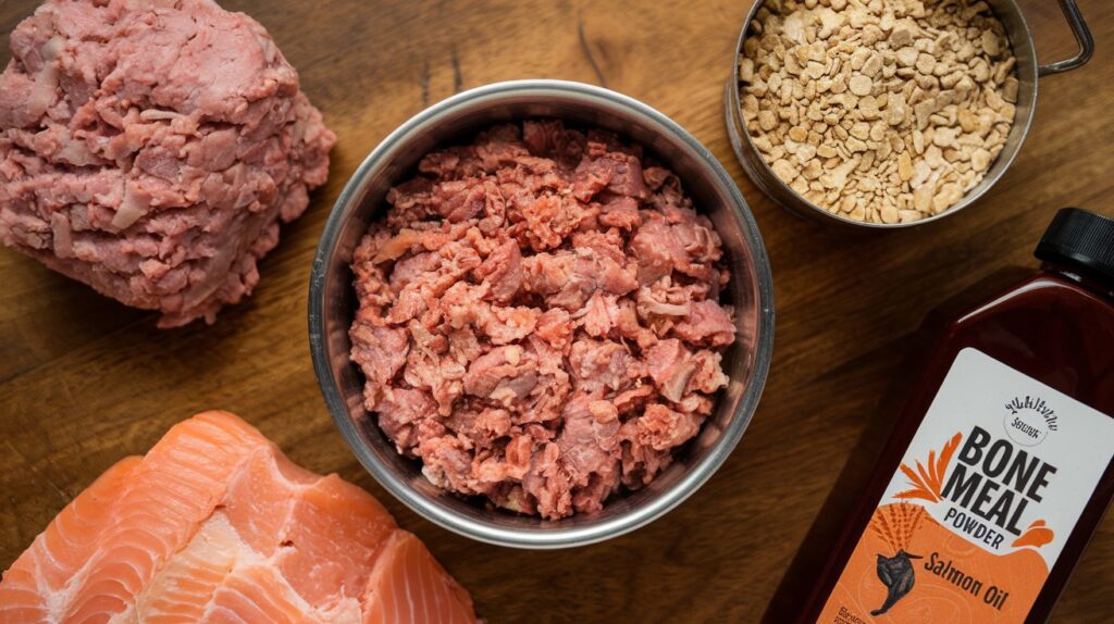 The image features freshly mixed raw cat food with ground turkey, bone meal powder, and salmon oil in a bowl. Surrounding the bowl are the main ingredients: a small heap of ground turkey, a container of bone meal powder, and a bottle of salmon oil