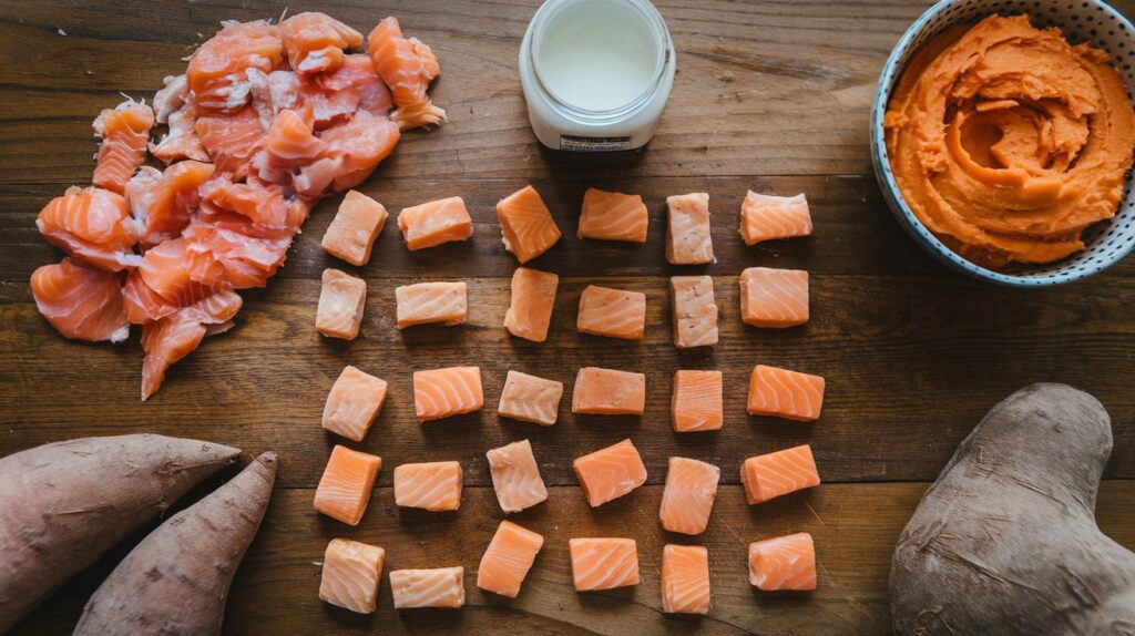 The image shows freshly baked homemade cat treats made with salmon, coconut oil, and sweet potato v2