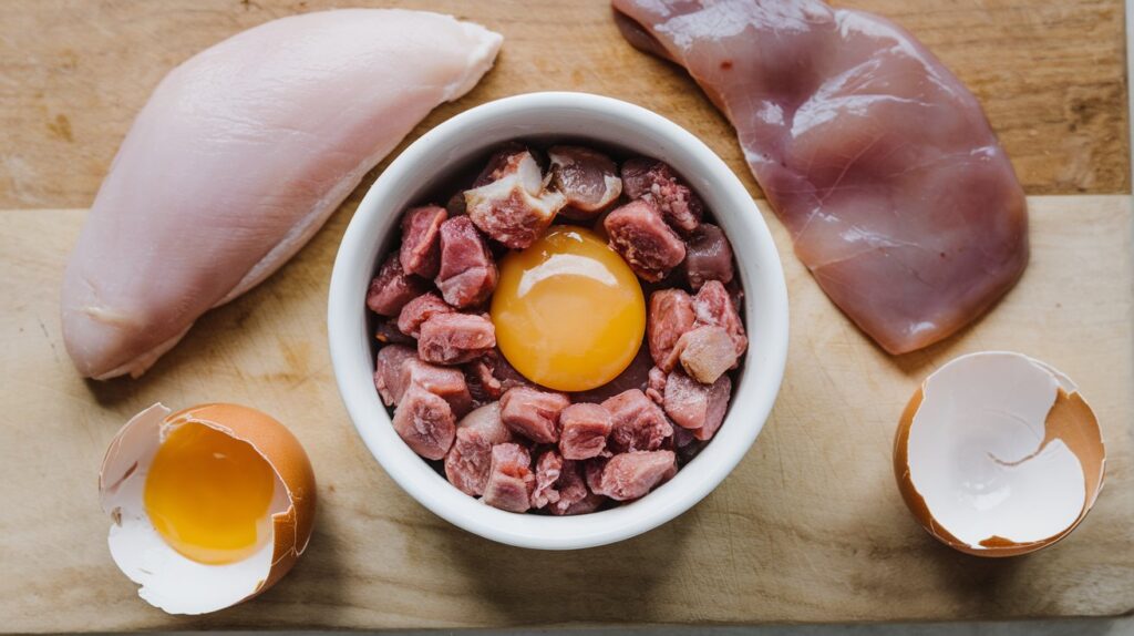 The image shows freshly prepared raw cat food made with chicken breast, chicken liver, and egg yolk, arranged on a clean wooden cutting board.