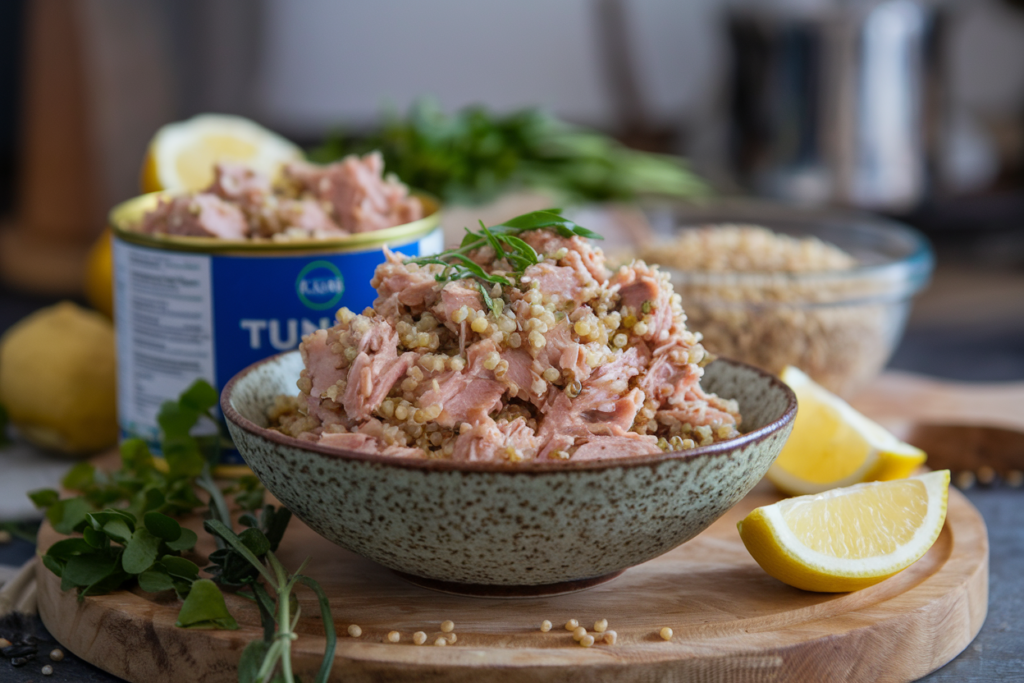 A rustic-style bowl containing mashed tuna mixed with quinoa which is a homemade DIY cat food meal