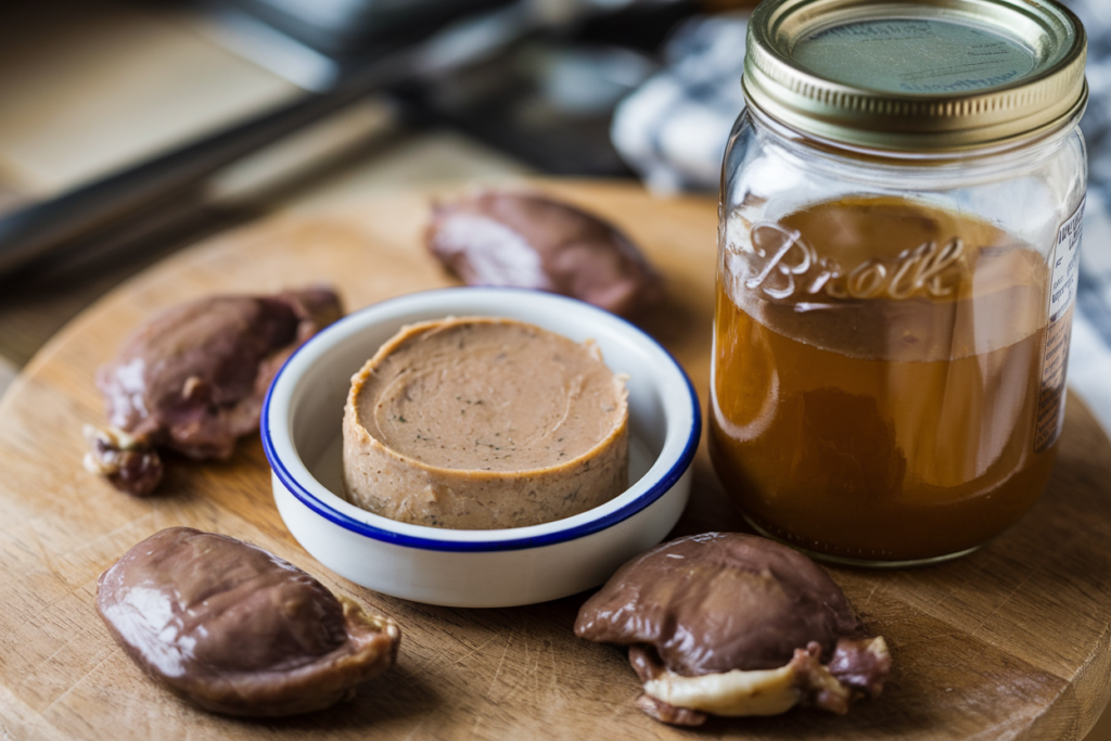 A smooth chicken liver pâté in a small dish, with a slight brown color as one of the simple healthy homemade DIY wet cat food