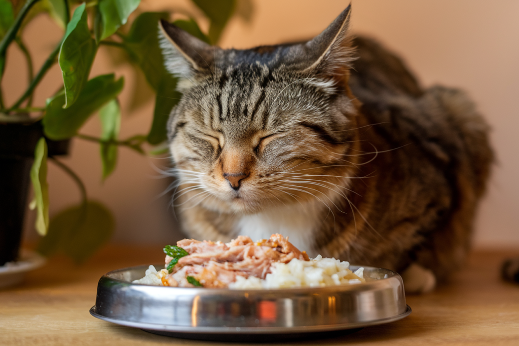 An image of a Cat Enjoying the Turkey & Rice Meal