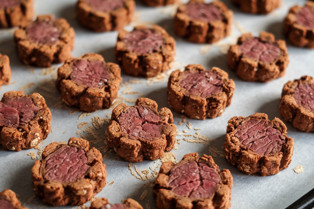 Beefy bone broth treats arranged on a rustic wooden board, with a bowl of bone broth beside them to highlight the natural ingredients.