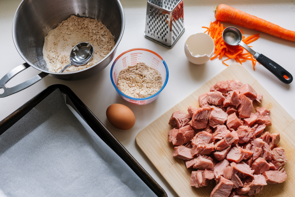 Chopped turkey, grated carrot, egg, and oat flour on a counter for making homemade cat biscuits that support immune health. Healthy cat treat recipe.