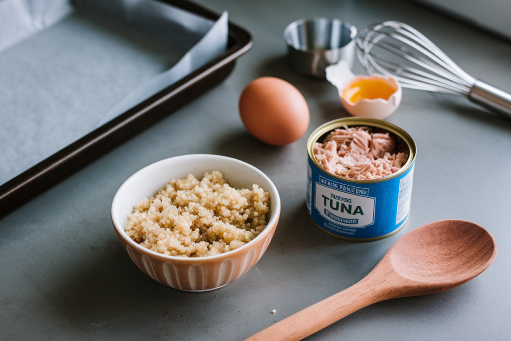 Cooked quinoa, tuna in a can, and an egg on a counter with a baking tray for making high-protein cat treats. DIY healthy cat treat recipe.