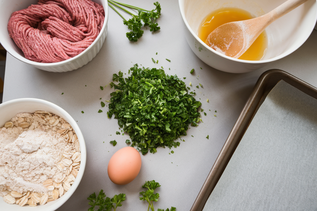 Ground beef, fresh parsley, and oat flour ingredients on a kitchen counter for making cat treats that promote fresh breath. DIY healthy cat snacks.