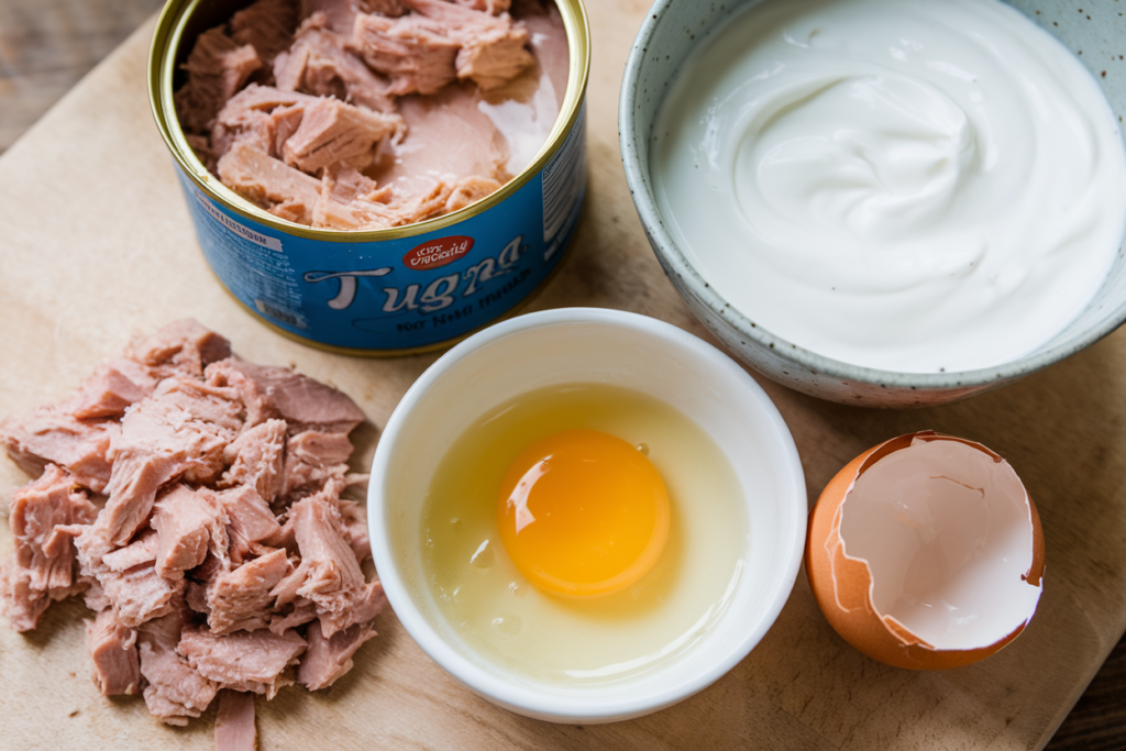 Ingredients for creamy tuna treats, including canned tuna, plain Greek yogurt, and eggs, arranged with playful cat-themed decorations.