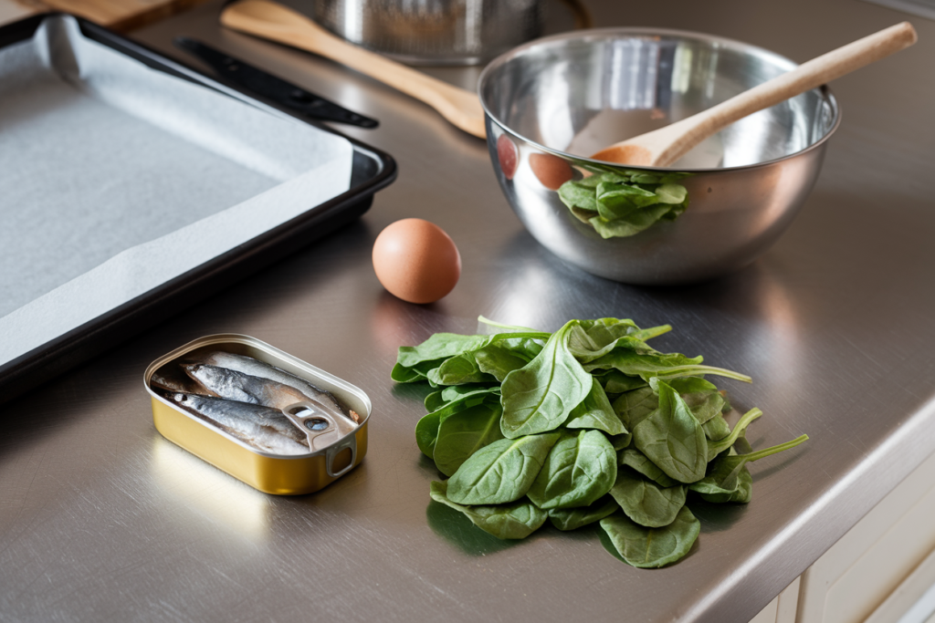 Ingredients for sardine and spinach cat treats, including sardines, spinach, and egg on a kitchen counter. Homemade cat treats with omega-3 benefits for feline health.