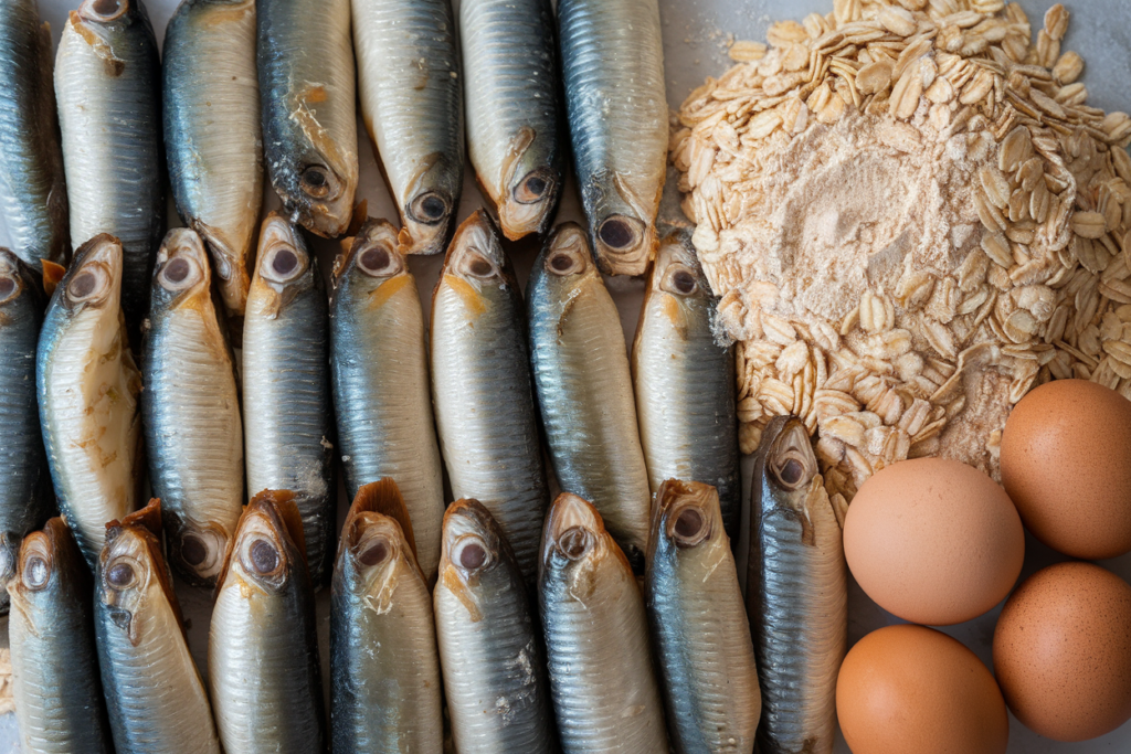 Key ingredients for crunchy sardine squares, including whole sardines, oat flour, and eggs, arranged in an inviting display