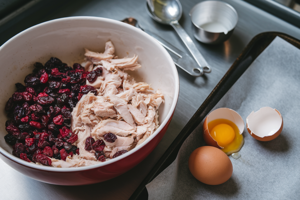 Shredded chicken, dried cranberries, and an egg on a kitchen counter for making healthy homemade cat treats. Supports cat urinary health with natural ingredients