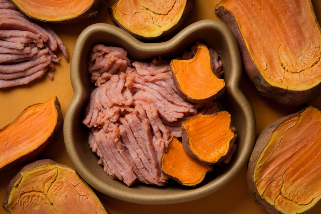 Turkey and sweet potato munchies arranged in a cat-shaped dish, with mashed sweet potato pieces displayed to highlight the ingredients