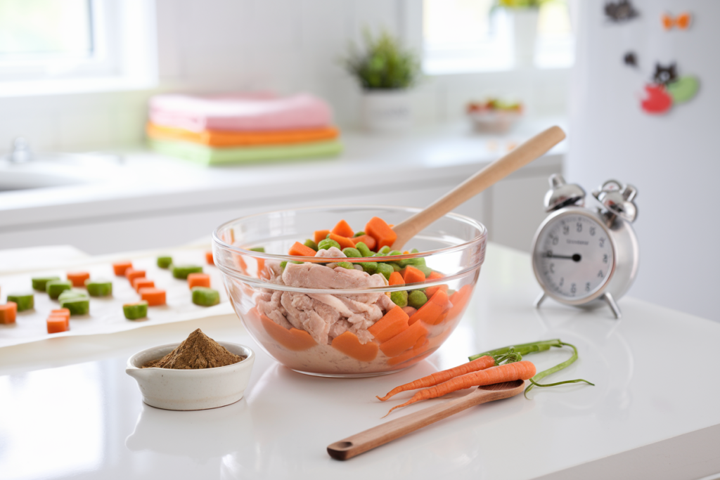 A large glass mixing bowl contains a vibrant mix of pureed cooked chicken, steamed and mashed carrots, and mashed peas, all in rich, appealing colors as one of the natural treat recipe