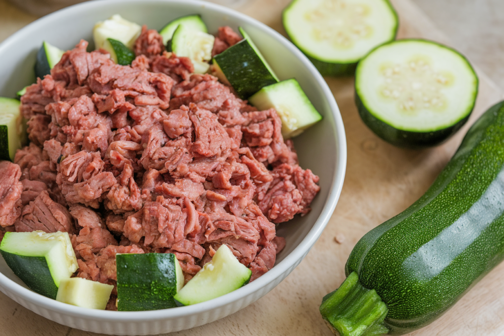 a-photo-of-a-bowl-of-ground-duck-mixed-with-chopped zucchini to create a homemade DIY wet cat food