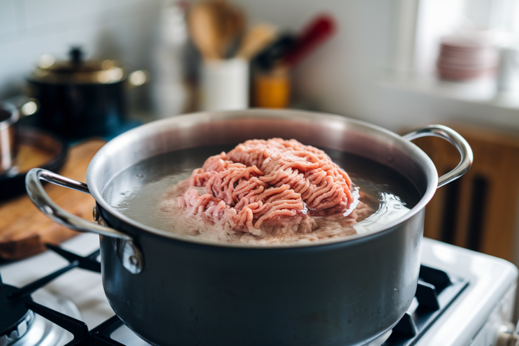 a-photo-of-ground turkey in a pot of boiling water