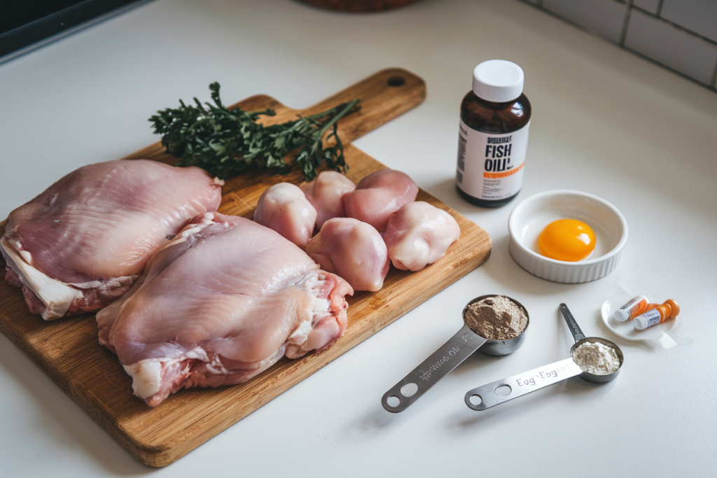 image of a  DIY cat food recipe ingredients including organic chicken thighs with skin and bones, quail meat, and chicken livers are laid out on a wooden cutting board