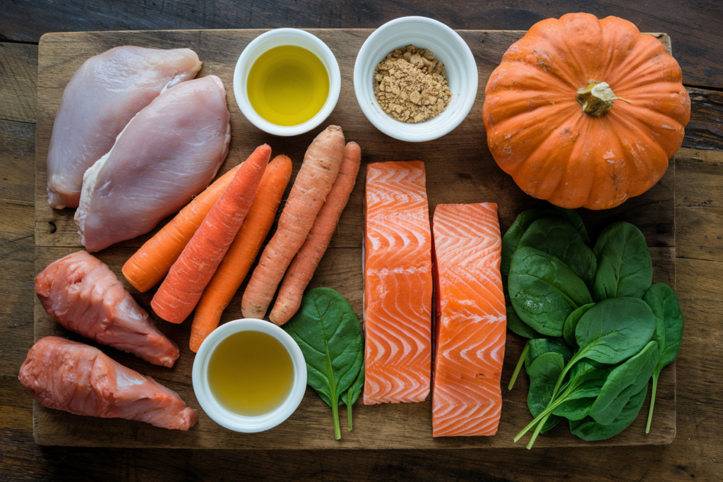 A neatly arranged flat lay of fresh ingredients used in homemade cat food.