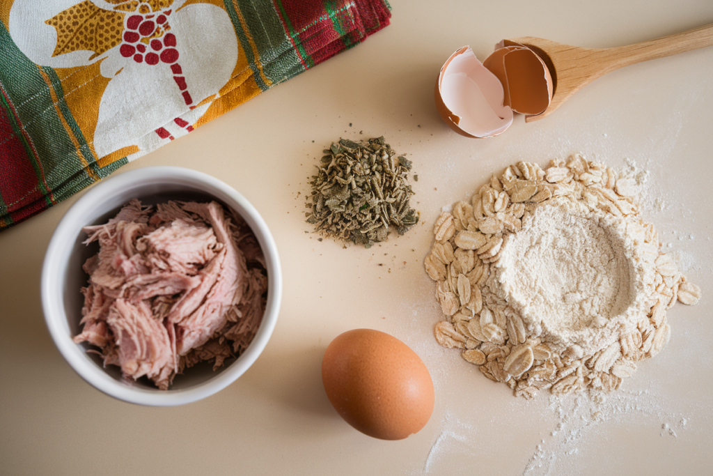 image showing ingredients for a DIY Cat treats for the holidays including turkey, catnip and eggs