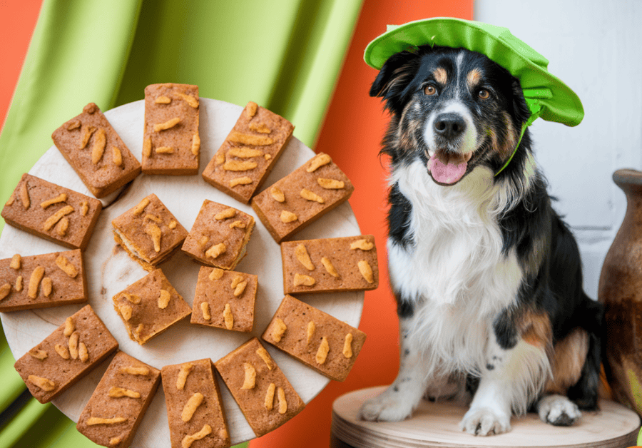 A cheerful dog sitting next to a freshly baked batch of pumpkin applesauce treats,