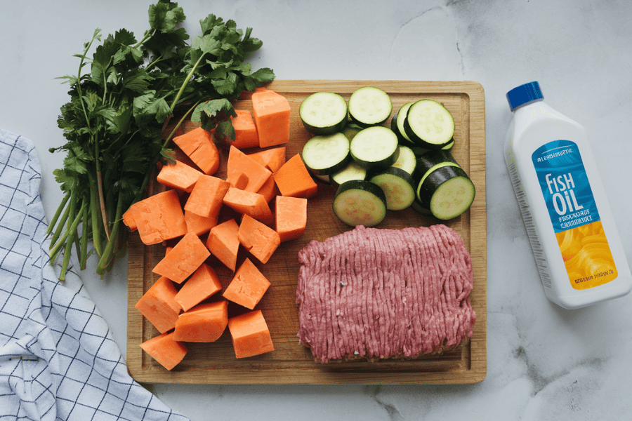 A chopping board with diced sweet potatoes, sliced zucchini, and ground turkey ready to be cooked