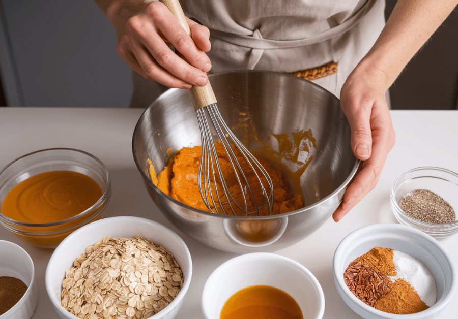 A detailed image showing a pair of hands (wearing a cute apron) mixing the wet ingredients in a large mixing bowl. Ingredients like pumpkin purée, applesauce, egg, peanut butter