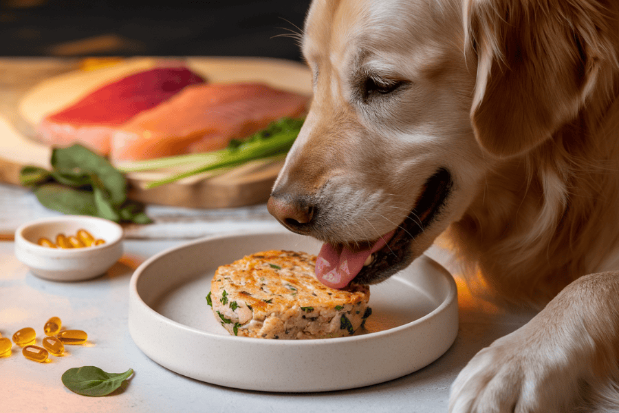 A golden retriever enjoying a fresh, homemade fish patty served in a clean, minimalist pet bowl. 