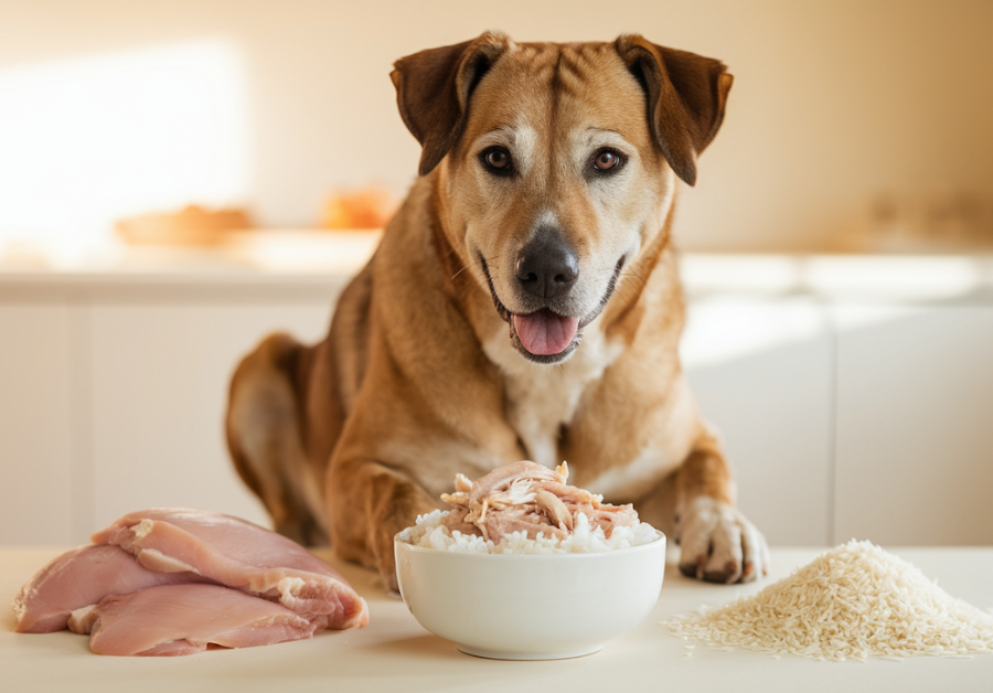 A happy, medium-sized dog with a gentle expression sits calmly near a simple white bowl filled with shredded, boiled chicken and fluffy white rice.