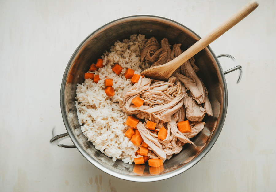 A large mixing bowl sits on a clean countertop, holding shredded chicken, fluffy white rice, and tender carrot pieces—essential ingredients in the Chicken and Rice Recipe for Dogs